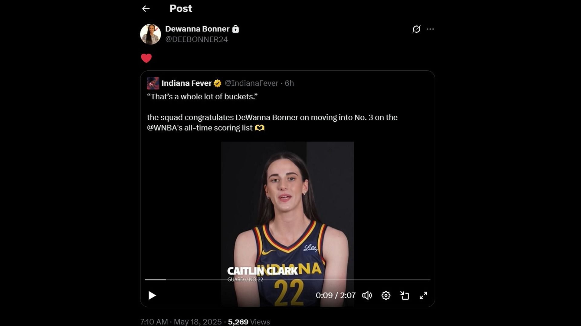 DeWanna Bonner react to a clip by her Indiana Fever teammates. Credit: Bonner/x